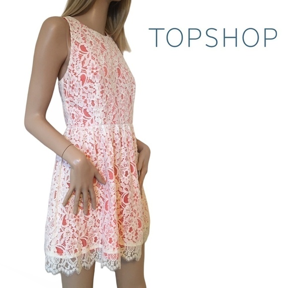 PRETTY TOPSHOP Ivory Lace Overlay Dress Coral Lining Racer Back - Picture 1 of 16